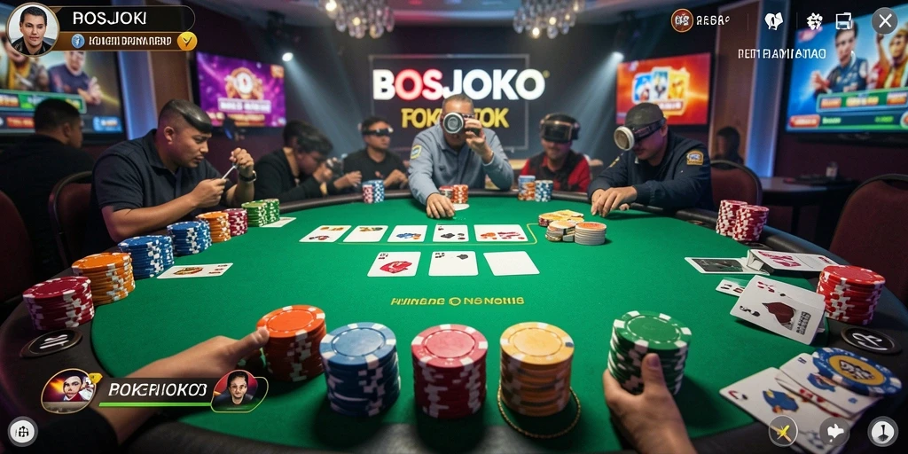 Tampilan gameplay seru dari aplikasi BOSJOKO dengan suasana poker yang mendebarkan.